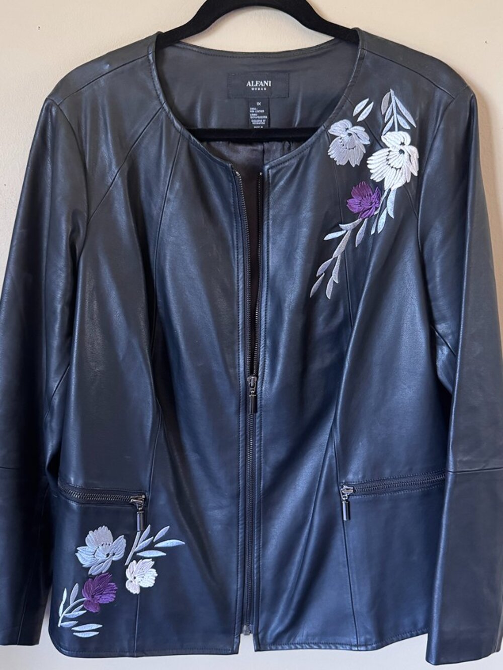 ALFANI EMBROIDERED FAUX LEATHER JACKET